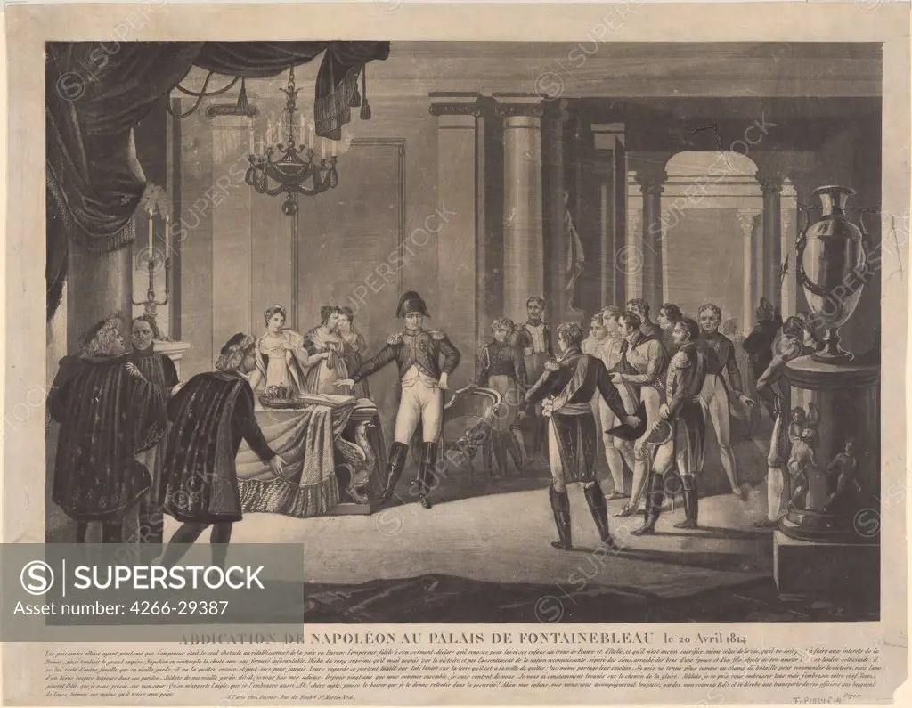 The Abdication of Napoleon at Fontainebleau by Anonymous   / State Borodino War and History Museum, Moscow / 1814 / France / Aquatint / History / 37,3x47,7