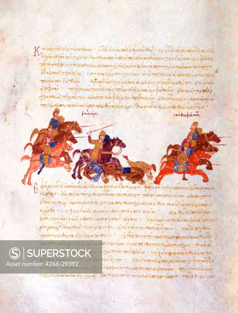 Pursuit of Sviatoslav's warriors by the Byzantine army (Miniature from the Madrid Skylitzes) by Anonymous   / Biblioteca Nacional, Madrid / 11th-12th century / Byzantium / Watercolour on parchment / History / 27x36