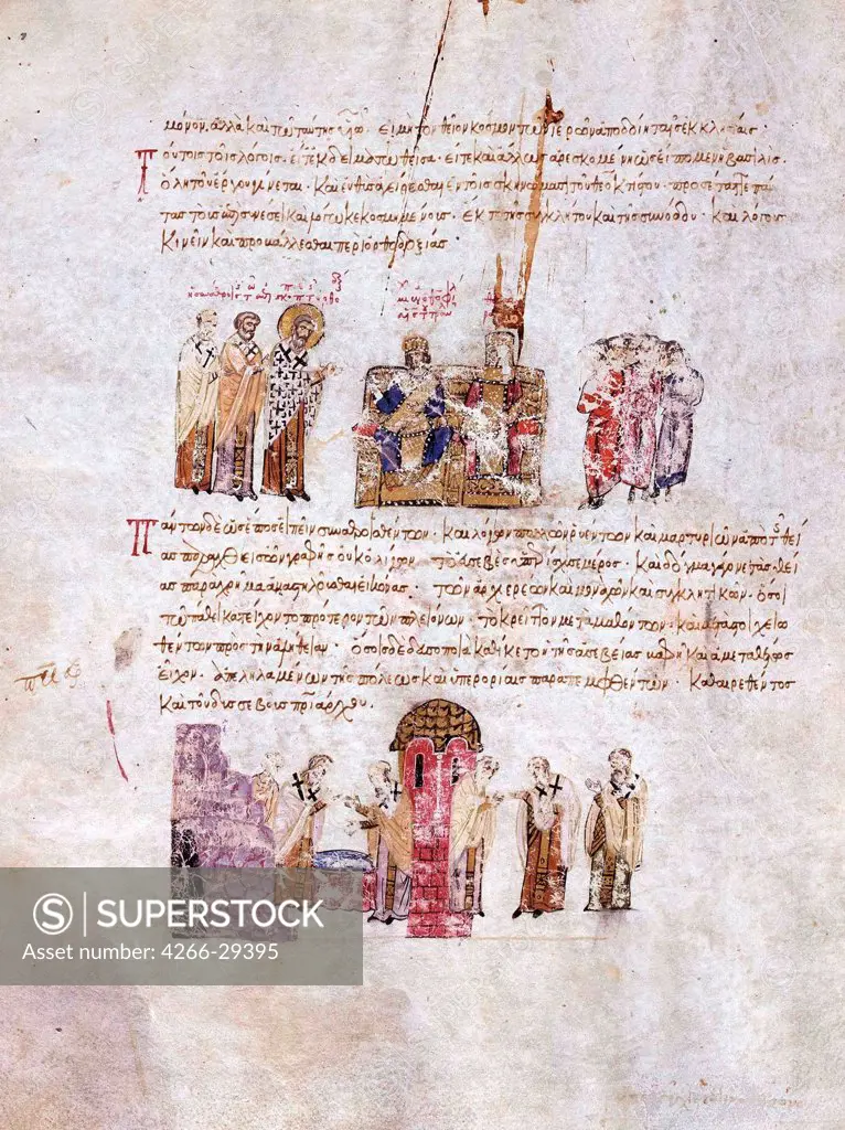The Council of Constantinople ('Triumph of Orthodoxy') in 843 (Miniature from the Madrid Skylitzes) by Anonymous   / Biblioteca Nacional, Madrid / 11th-12th century / Byzantium / Watercolour on parchment / History /