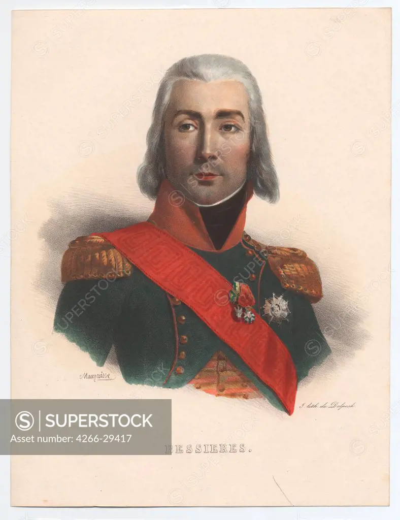 Portrait of Jean-Baptiste Bessieres (1768-1813), Marshal of France by Mauraisse, Charles Emile (1799-1852) / Private Collection / 1835 / France / Lithograph, watercolour / Portrait / 32x24