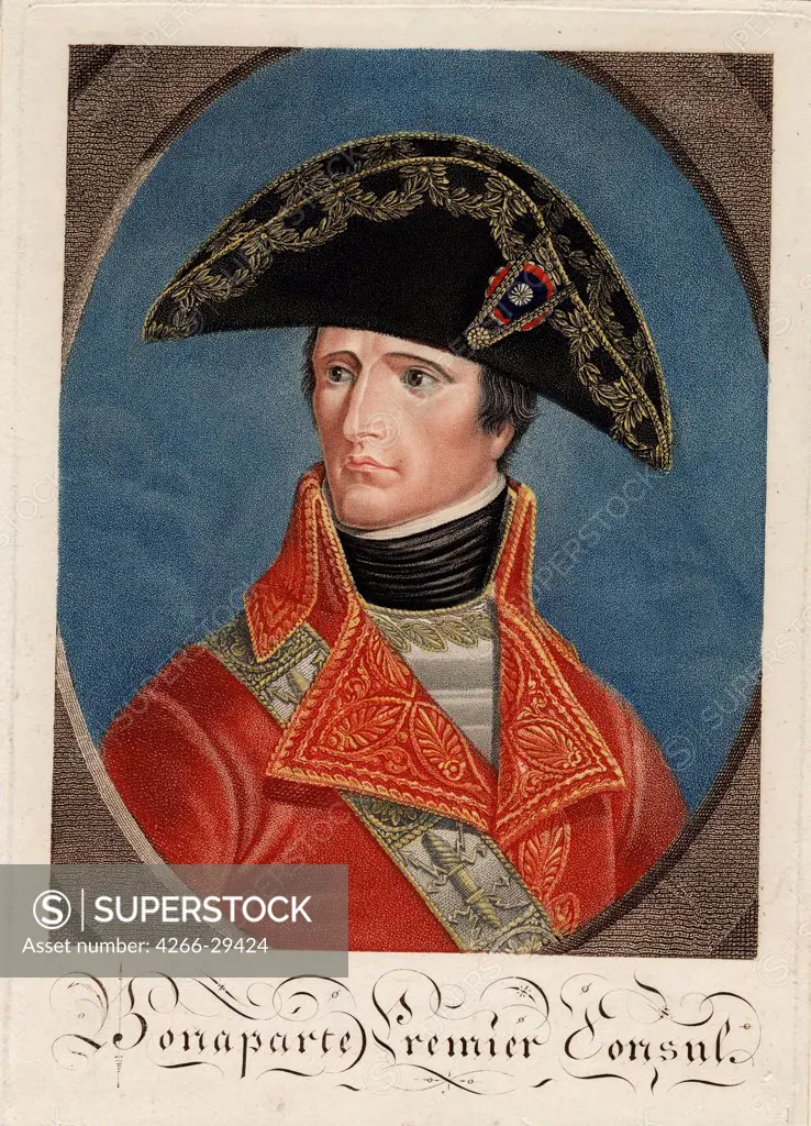 Napoleon Bonaparte as First Consul of France by Anonymous   / Private Collection / 1801 / France / Etching, watercolour / Portrait / 27x19,4