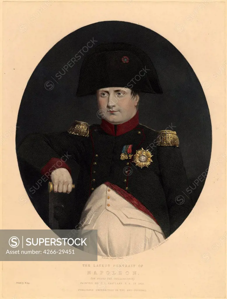Latest portrait of Napoleon on board the Bellerophon by Eastlake, Sir Charles Lock (1793-1865) / Private Collection / 1815 / Great Britain / Etching, watercolour / Portrait / 29,5x22,4