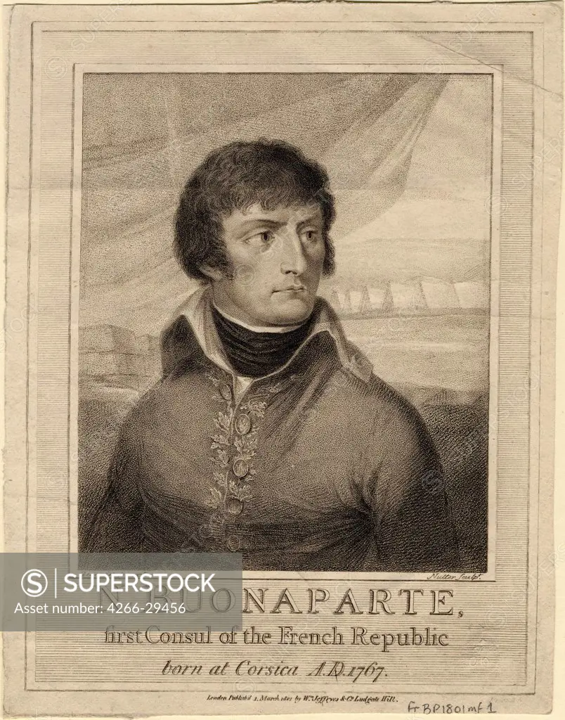 Napoleon Bonaparte as First Consul of France by Nutter, William (1754-1802) / Private Collection / 1801 / Great Britain / Copper engraving / Portrait / 23x18