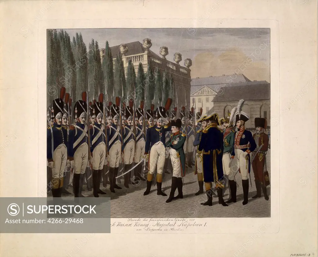 Parade of the French Guards at the Lustgarten in Berlin on 1806 by Jugel, Johann Friedrich (1772-1833) / Private Collection / 1806 / Germany / Aquatint / History / 31,6x39