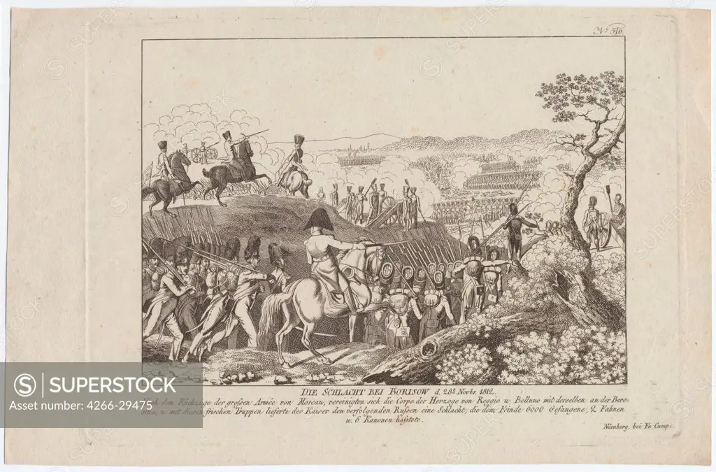 The Battle of Borisov on November 28, 1812 by Campe, August Friedrich Andreas (1777-1846) / Private Collection /Germany / Etching / History / 22,7x30,9