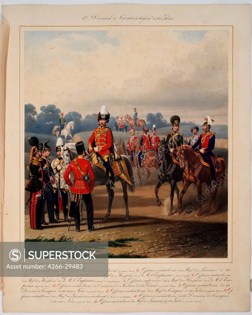 First Guard Light Cavalry Division by Piratsky, Karl Karlovich (1813-1889) / Private Collection / 1867 / Russia / Colour lithograph / Genre,History / 56x45,5