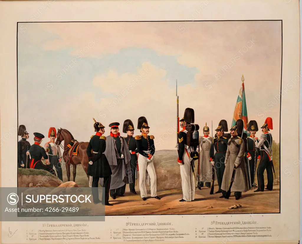 Russian 1nd, 2nd and 3nd Grenadier Divisions by Piratsky, Karl Karlovich (1813-1889) / Private Collection / 1845-1855 / Russia / Colour lithograph / Genre,History / 44,6x54,9