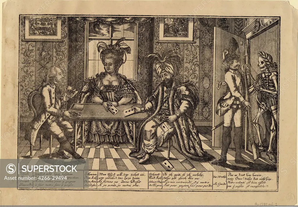 Joseph II, Catherine the Great and Sultan Abdul Hamid I playing cards by Anonymous   / Private Collection / c. 1780 / Great Britain / Etching / History / 26,2x37,8
