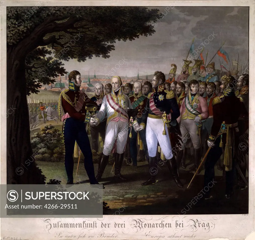 The meeting between Emperors Francis I of Austria, Alexander I of Russia and Frederick William III of Prussia at Prague in 1813 by Jugel, Johann Friedrich (1772-1833) / Private Collection / 1813 / Germany / Aquatint / History / 38,7x41,2