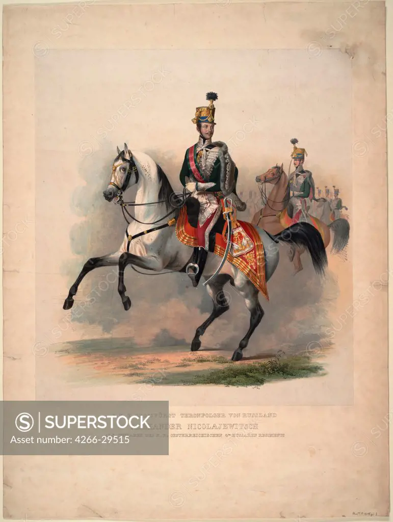 Grand Prince Alexander Nikolayevich as colonel-in-chief of the Austrian 4th Hussar Regiment by Anonymous   / Private Collection / 1845 / Russia / Colour lithograph / History / 83x62,5