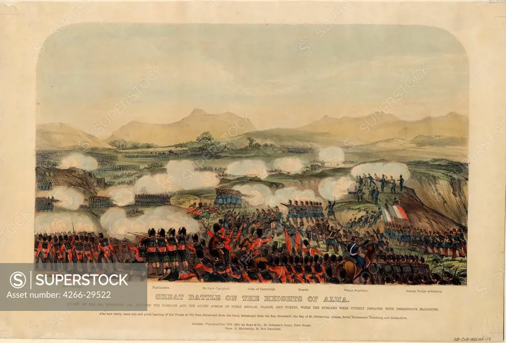 The Battle of the Alma on September 20, 1854 by Anonymous   / Private Collection / 1854 / Great Britain / Colour lithograph / History / 28,9x42,5