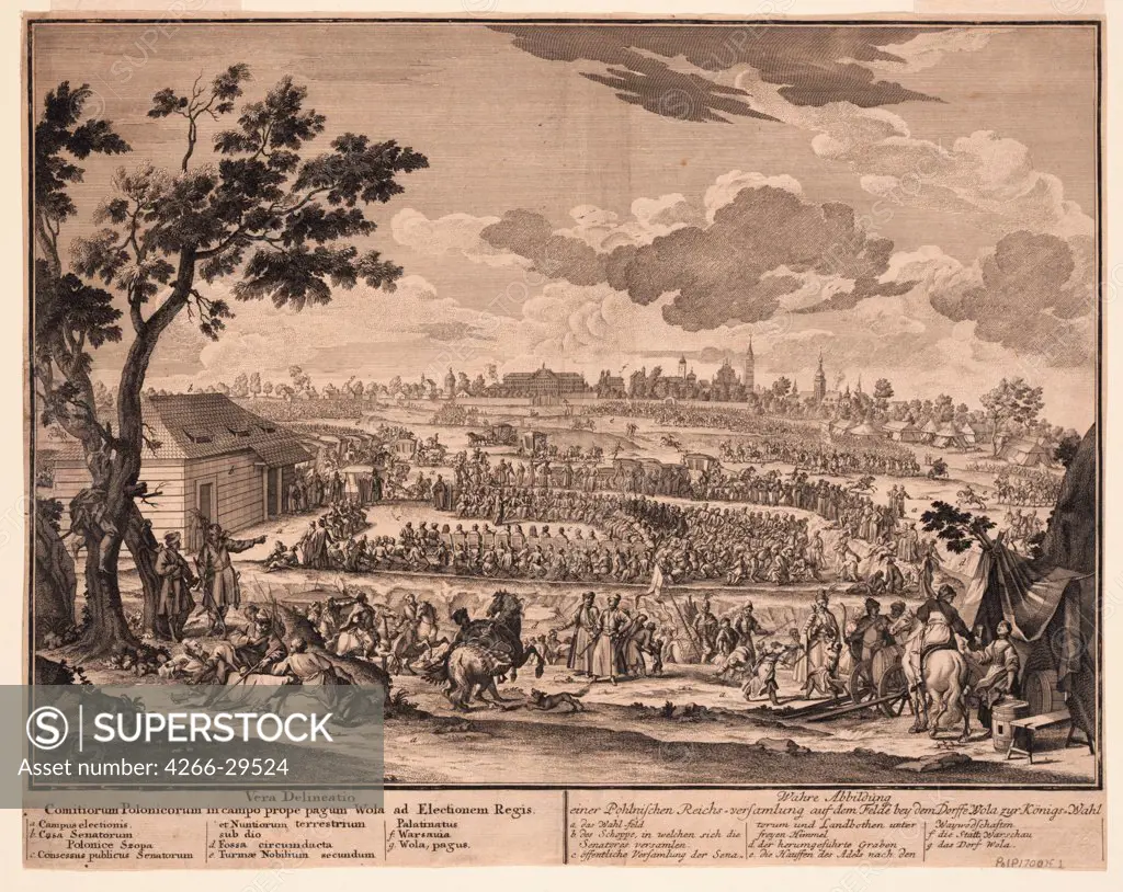 The free election of Augustus II at Wola, outside Warsaw, in 1697 by Anonymous   / Private Collection / 1700 / Germany / Copper engraving / History / 31,6x39,3