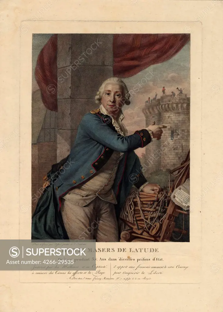 Portrait of Henri Masers de Latude (1725-1805) by Vestier, Antoine (1740-1824) / Private Collection / 1790 / France / Etching, watercolour / Portrait / 43x30,7
