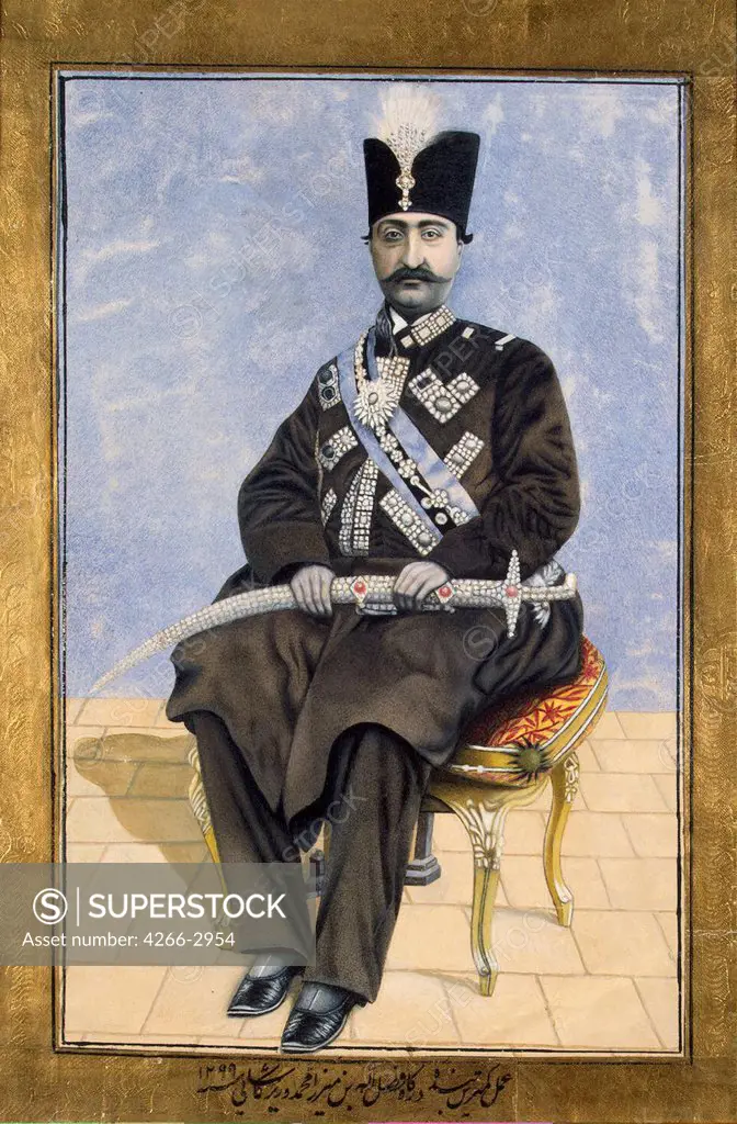 Shah of Persia by Fazl Ullah ben mirsa Muhammad, Watercolour on paper, 1881-1882, Russia, St. Petersburg, State Hermitage, 23x15