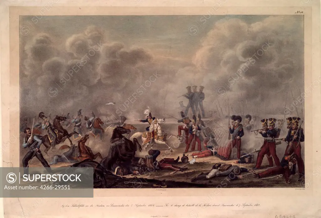 On the battlefield of Borodino before the village Semenovsky by Faber du Faur, Christian Wilhelm, von (1780-1857) / Private Collection / 1820s / Germany / Colour lithograph / History / 33,2x48,9