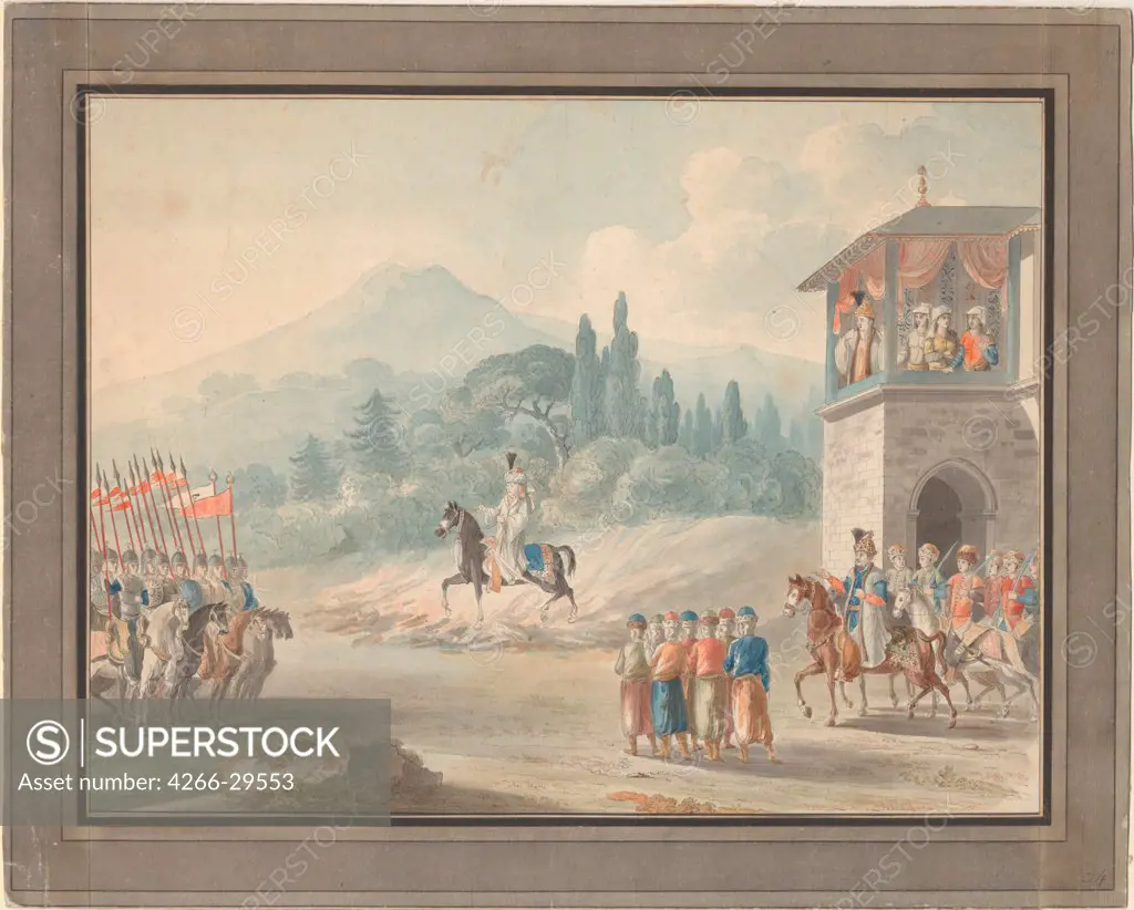 Georgian cavalry review by Anonymous   / Private Collection / c. 1780 / Great Britain / Watercolour on paper / History / 36,5x45,5