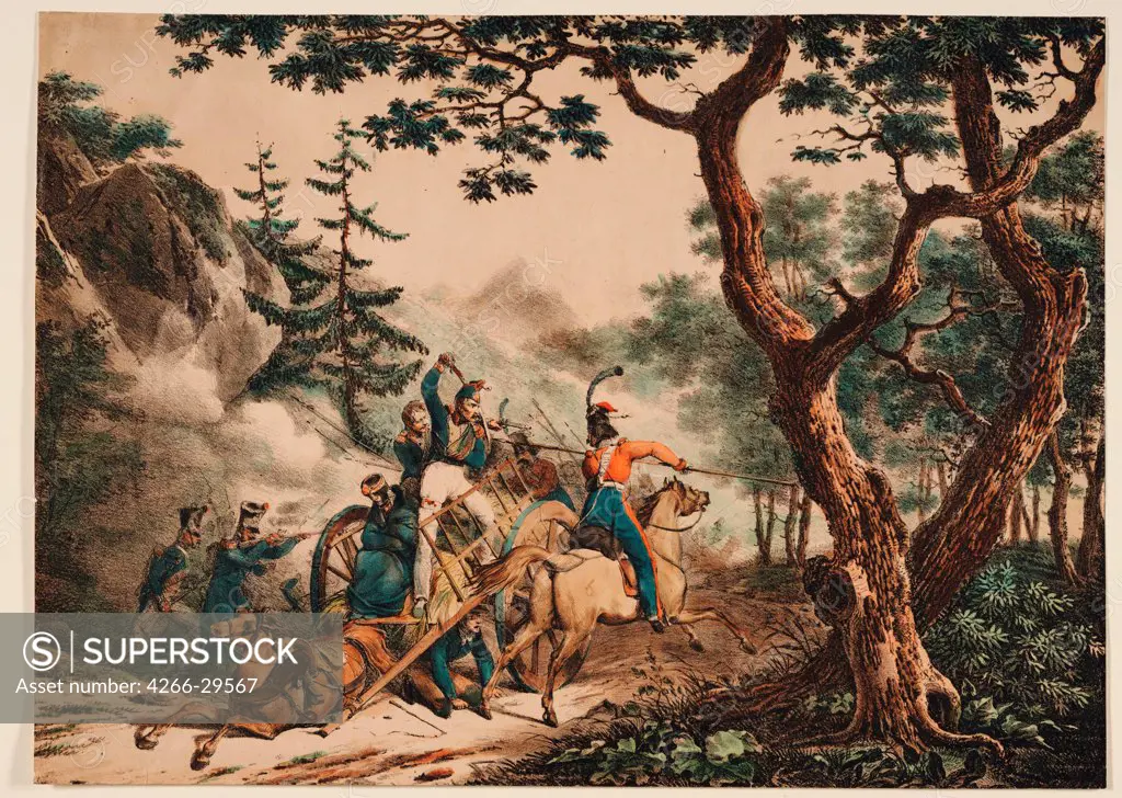 Cossacks attacking French soldiers in a forest by Anonymous   / Private Collection / 1825 /Colour lithograph / History / 52x72