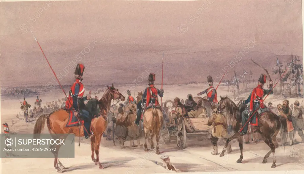Cossacks convoying deportees by Anonymous   / Private Collection / 1831 / France / Watercolour on paper / History / 13,9x24,3