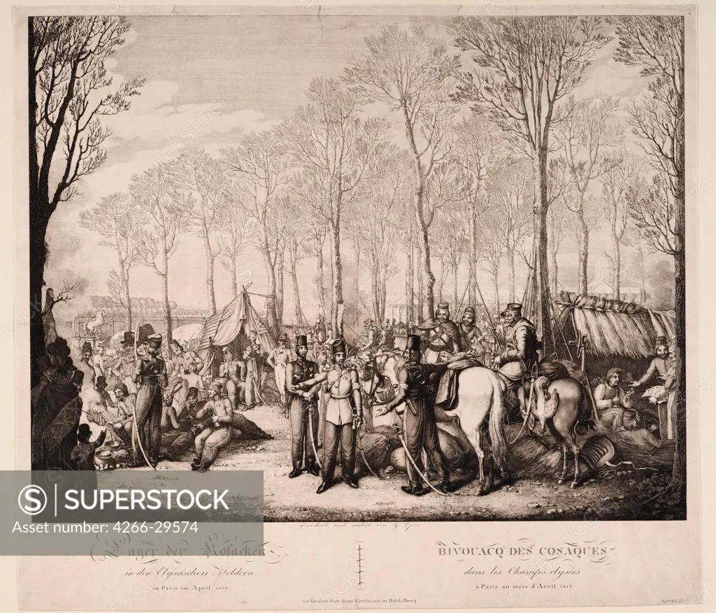 Bivouac of the Cossacks at the Avenue des Champs-Elysees in Paris on April 1814 by Opiz, Georg Emanuel (1775-1841) / Private Collection / 1814 / Germany / Etching / History / 69,7x78