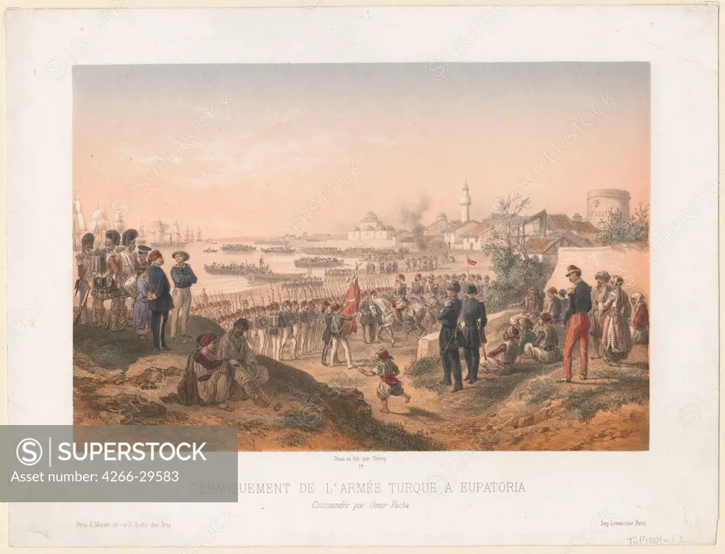 Landing of the Turkish army at Yevpatoriaunder the command of Omer Pasha by Deroy, Isidore Laurent (1793-1886) / Private Collection / 1855 / France / Colour lithograph / History / 25,4x33,5