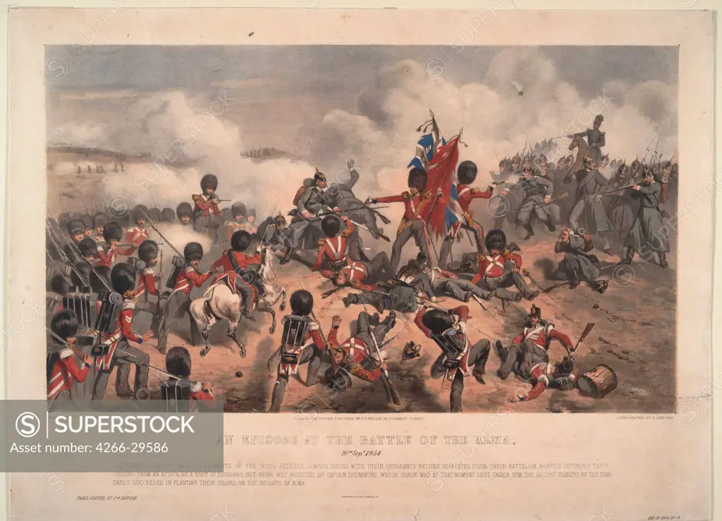 Scene from the Battle of the Alma on September 20, 1854 by De Prades, Alfred F. (active 1844-1883) / Private Collection / 1855 / Great Britain / Colour lithograph / History / 45,2x62