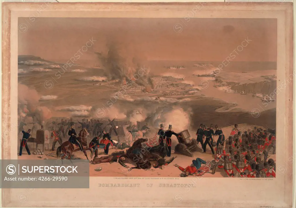 Bombardment of Sevastopol by Anonymous   / Private Collection / 1854 / Great Britain / Colour lithograph / History / 83x117,2