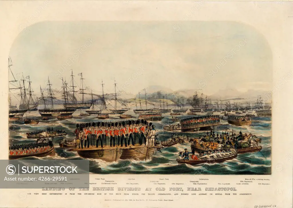 Landing of the British Division at Old Fort, near Sevastopol by Anonymous   / Private Collection / 1854 / Great Britain / Colour lithograph / History / 29,8x42