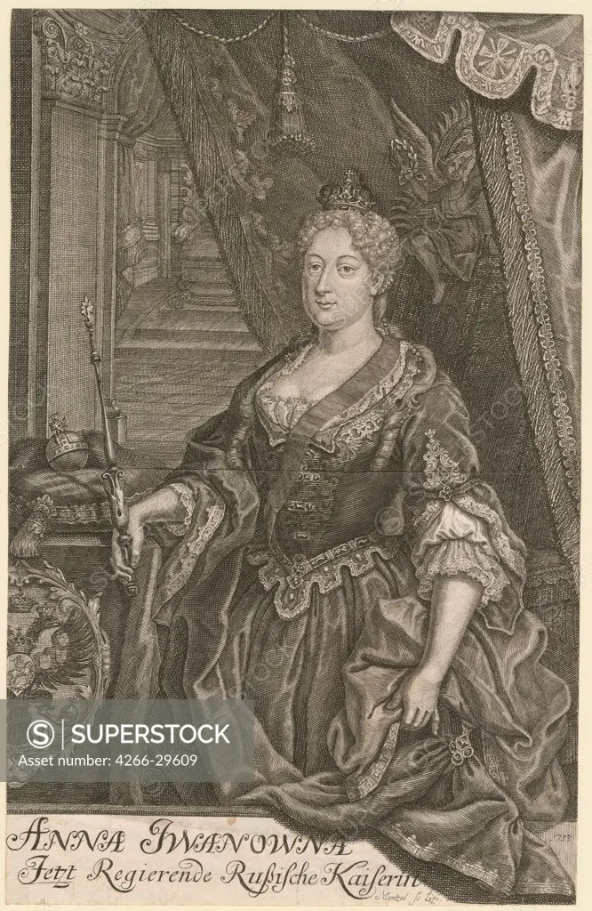 Portrait of Empress Anna Ioannovna (1693-1740) by Mentzel (Menzel), Johann Georg (1677-1743) / Private Collection / 1733 / Germany / Copper engraving / Portrait / 32,3x20,6