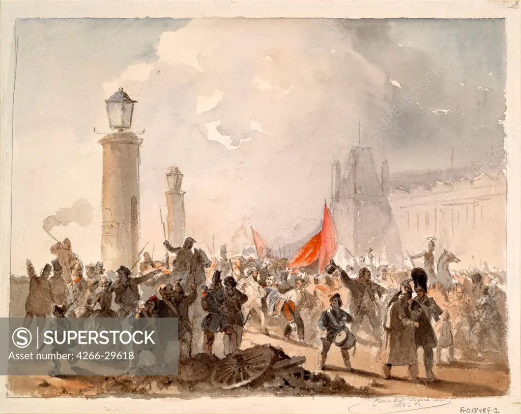 The French Revolution of 1848 by Dell'Acqua, Cesare (1821-1905) / Private Collection / 1850 / Italy / Watercolour on paper / History / 27x34