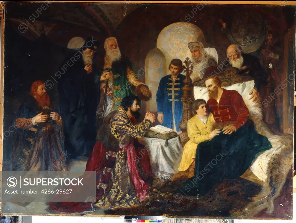 The sick Prince Dmitry Pozharsky receive the Moscow ambassadors by Kotarbinsky, Vasilii (Wilhelm) Alexandrovich (1849-1921) / Regional M. Vrubel Art Museum, Omsk / 1882 / Poland / Oil on canvas / Genre / 202x272