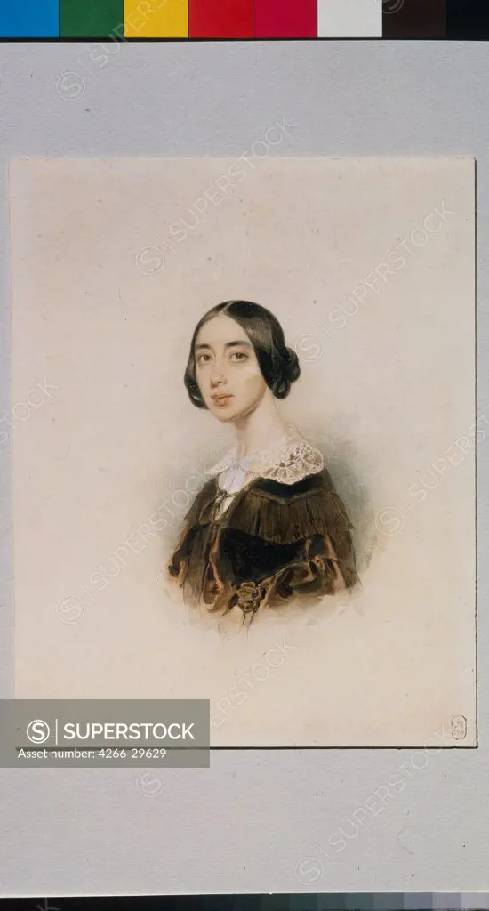 Portrait of the singer and composer Michelle Pauline Viardot-Garcia (1821-1910) by Sokolov, Pyotr Fyodorovich (1791-1848) / State Central Literary Museum, Moscow / 1843-1845 / Russia / Watercolour on cardboard / Portrait / 20x15,5