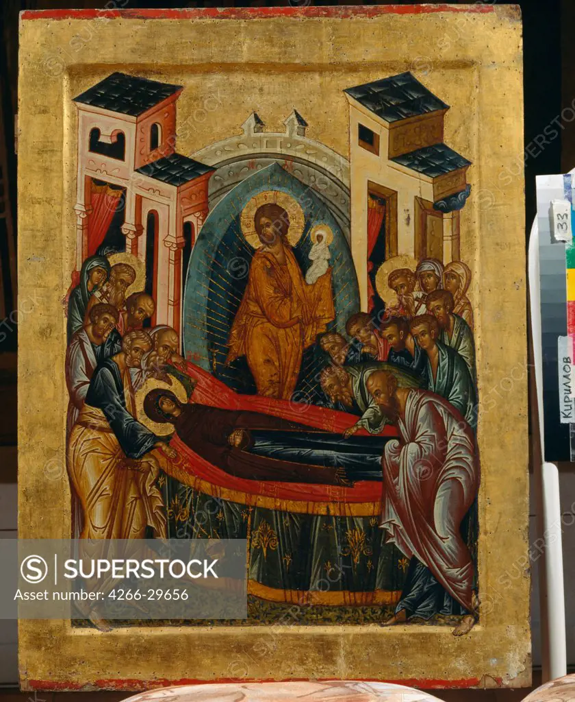 The Dormition of the Virgin by Russian icon   / State Open-air Museum Kirillo-Belozersky Monastery / 1497 / Russia, Northern School / Tempera on panel / Bible /