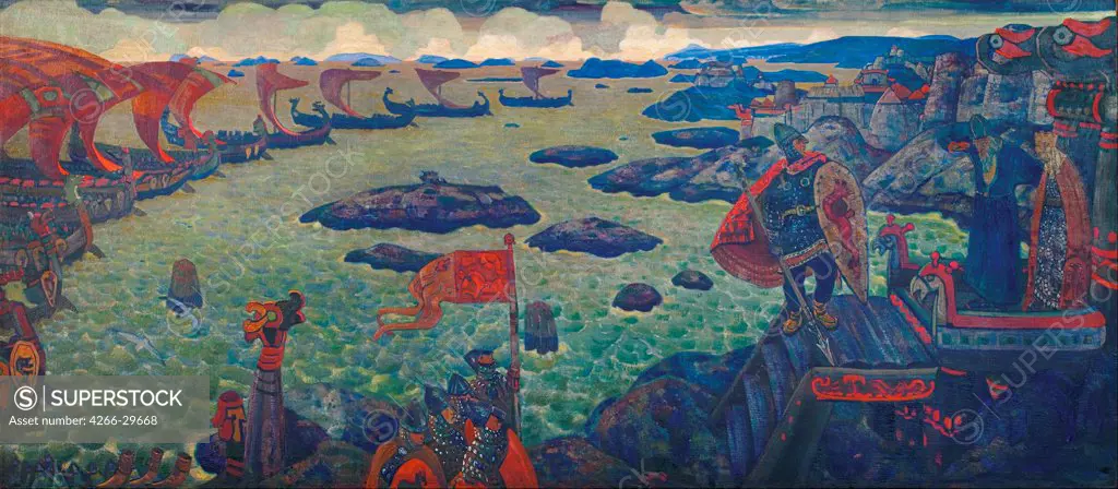 Ready for the Campaign (The Varangian Sea) by Roerich, Nicholas (1874-1947) / International Centre of the Roerichs, Moscow / 1910 / Russia / Tempera on canvas / History / 138x315