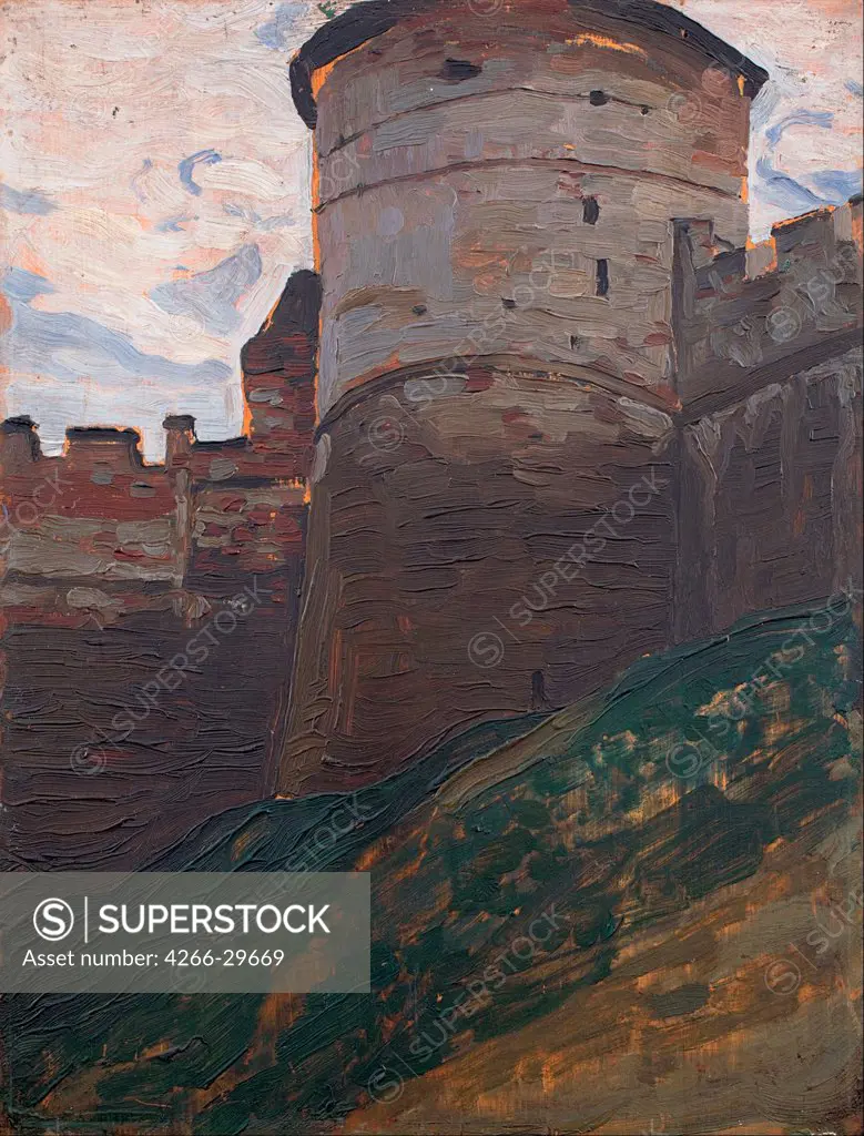 The Fortress Tower. Nizhny Novgorod by Roerich, Nicholas (1874-1947) / International Centre of the Roerichs, Moscow / 1903 / Russia / Oil on playwood / Architecture, Interior,History / 41x31,4