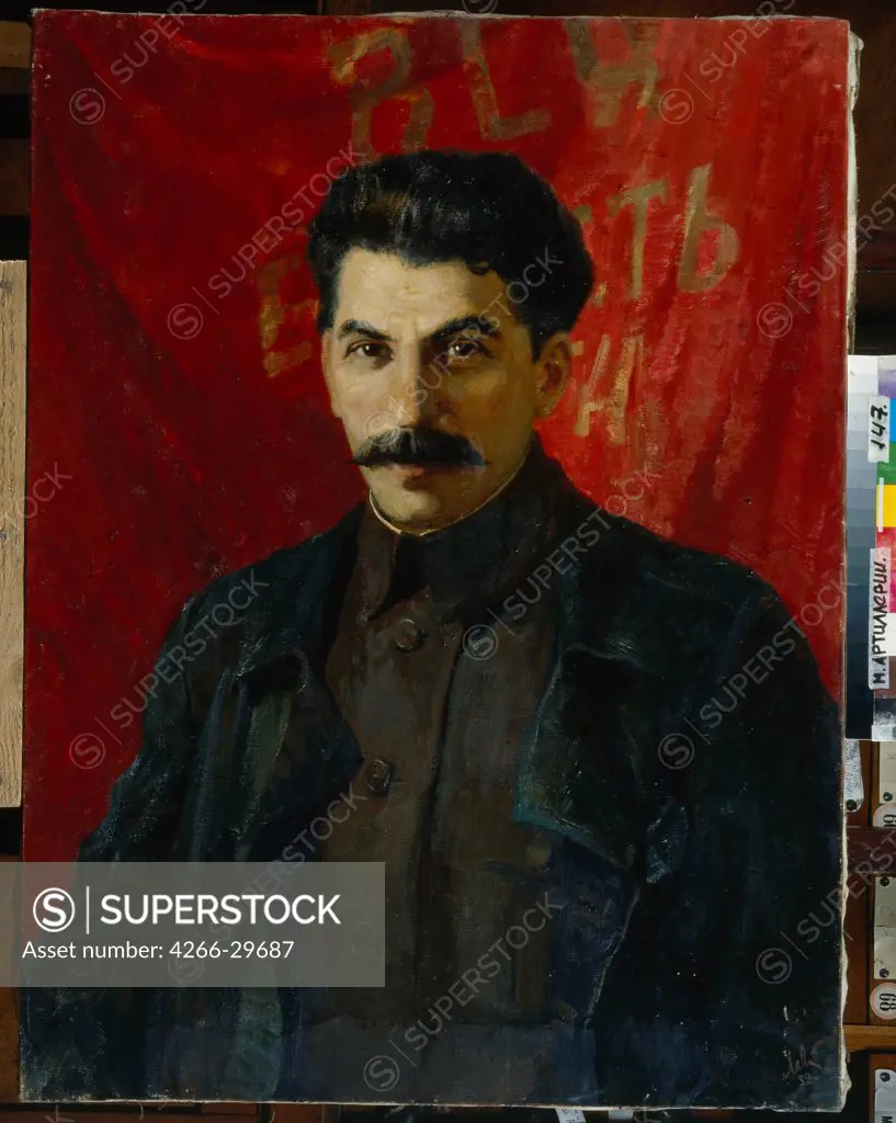Portrait of Stalin before the red banner with the inscription 'All Power to the Soviets!' by Levitin, Anatoli Pavlovich (*1922) / State Central Artillery Museum, St. Petersburg / 1952 / Russia / Oil on canvas / Portrait / 100x75