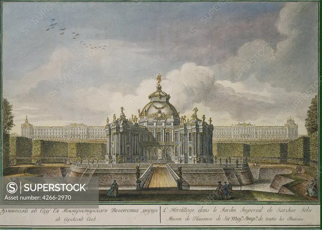 Tsarskoye Selo by Alexei Angileevich Grekov, Copper engraving, watercolour, 1761, 1723/26-after 1770, Russia, St. Petersburg, State Hermitage, 51, 5x69, 5