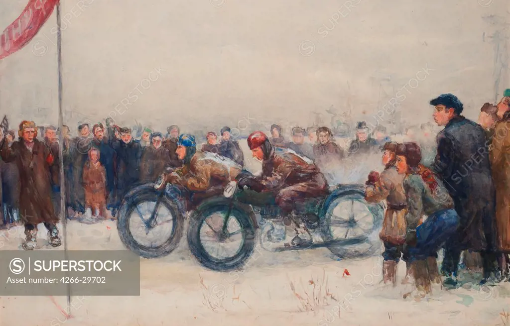 Winter Competitions on Motorcycles by Adlivankin, Samuil Yakovlevich (1897-1966) / Private Collection / 1936 / Russia / Mixed media on board / Genre / 32x50