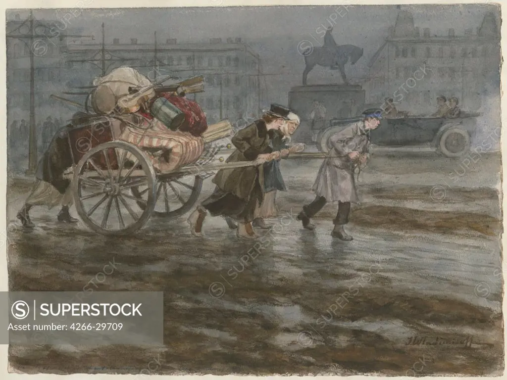 Family moving its belongings on cart (from the series of watercolors Russian revolution) by Vladimirov, Ivan Alexeyevich (1869-1947) / Private Collection / 1917-1918 / Russia / Watercolour on paper / Genre,History / 25,9x34,3