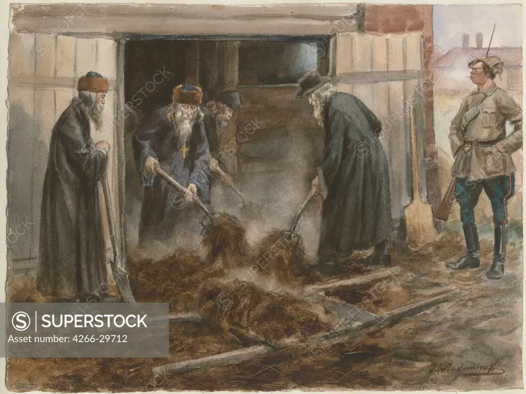 Russian clergy shoveling hay: September 1918 (from the series of watercolors Russian revolution) by Vladimirov, Ivan Alexeyevich (1869-1947) / Private Collection / 1918 / Russia / Watercolour on paper / Genre,History / 25,8x34,3