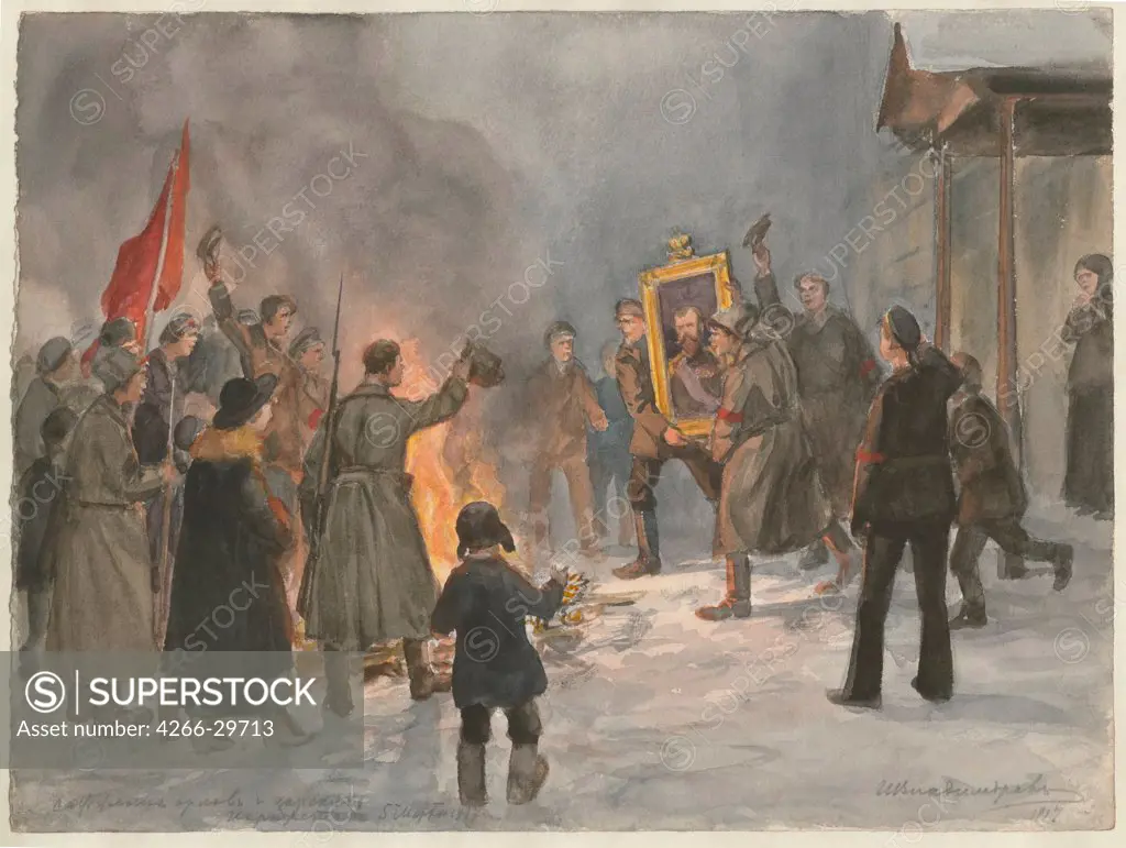 Soldiers burning paintings (from the series of watercolors Russian revolution) by Vladimirov, Ivan Alexeyevich (1869-1947) / Private Collection / 1917 / Russia / Watercolour on paper / Genre,History / 25,7x34,5