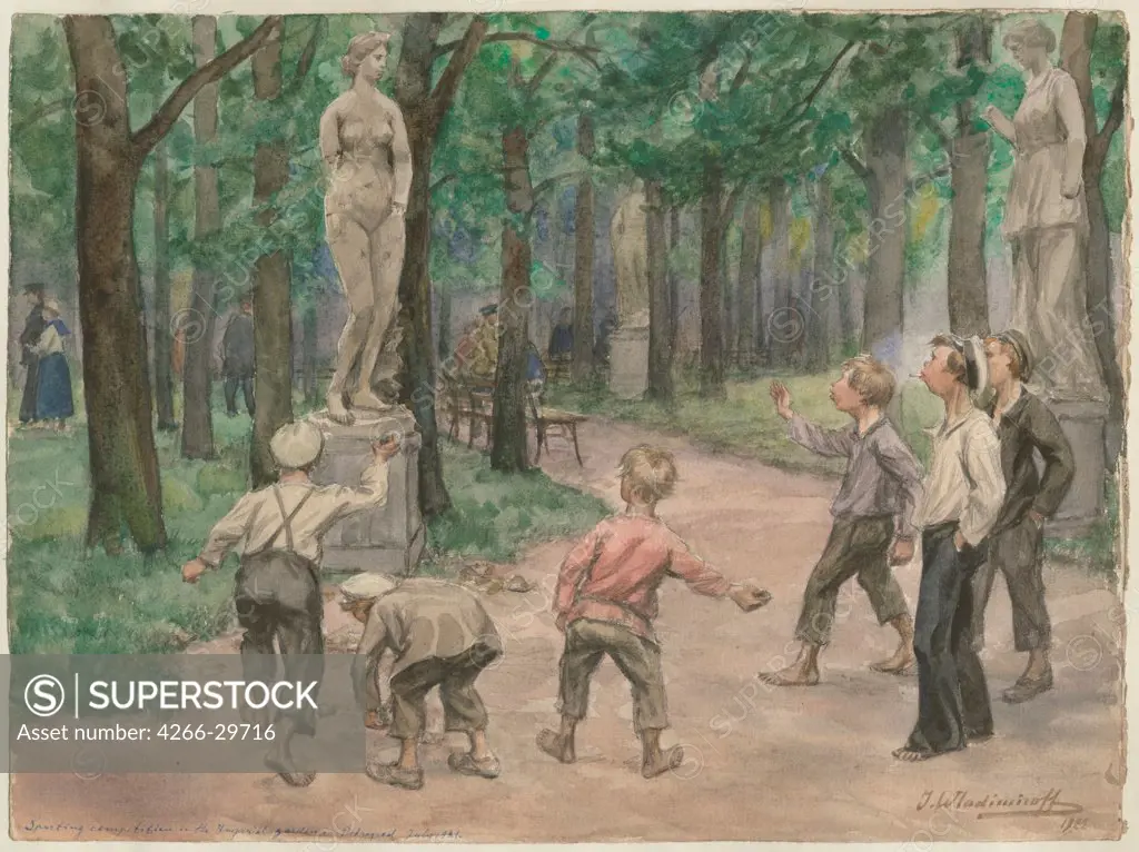Sporting competition in the Imperial Gardens: Petrograd, July 1921 (from the series of watercolors Russian revolution) by Vladimirov, Ivan Alexeyevich (1869-1947) / Private Collection / 1921 / Russia / Watercolour on paper / Genre,History / 25,8x34,5
