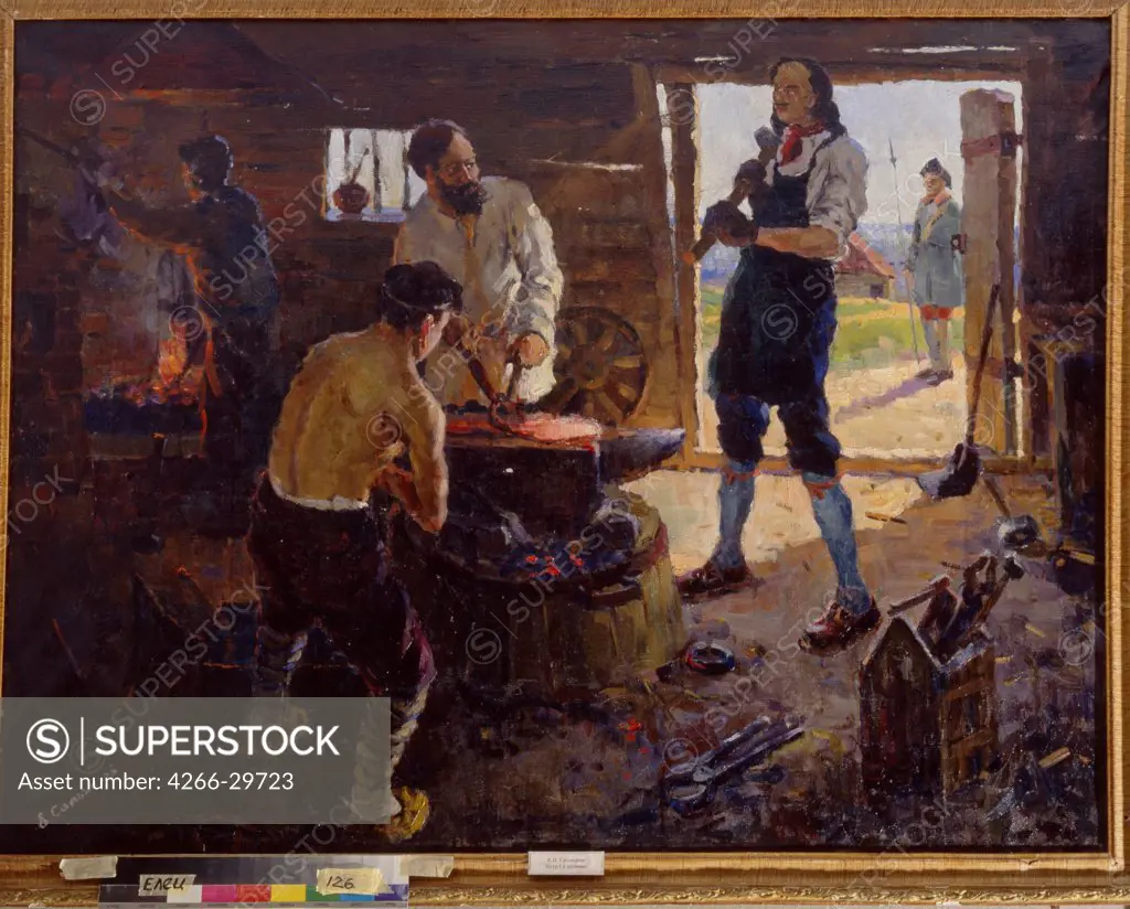 Peter I in the Forge by Salnikov, Evgeni Pavlovich (*1937) / Museum of Regional Studies, Yelets /Russia / Oil on canvas / Genre / 129,5x99