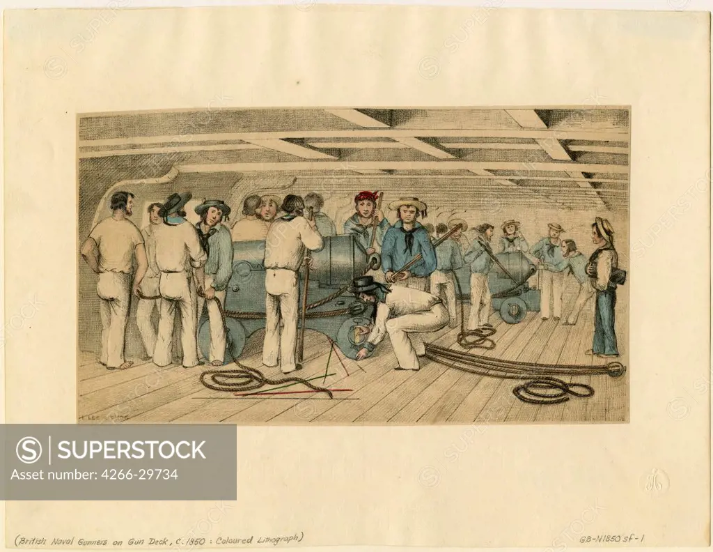 British naval gunners on gun deck by Anonymous   / Private Collection / c. 1850 / Great Britain / Colour lithograph / Genre,History / 21,9x28,6