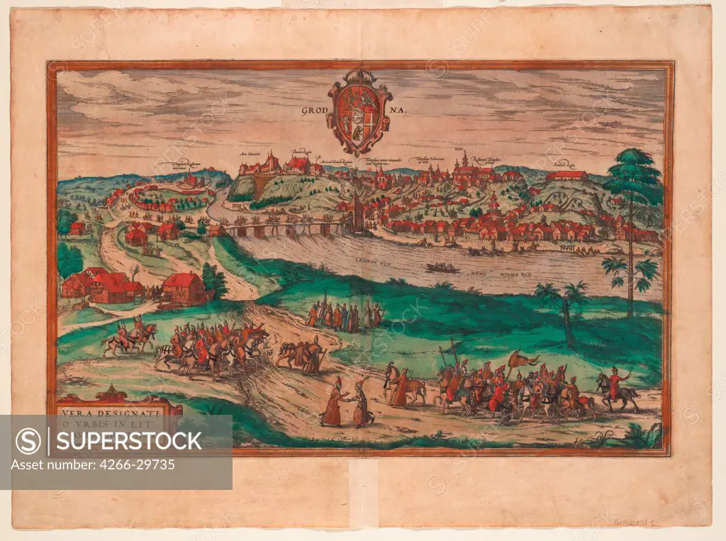 Grodno (From: Civitates orbis terrarium) by Braun, Georg (1541-1622) / Private Collection / 1577 / Germany / Copper engraving, watercolour / History / 40x52,4