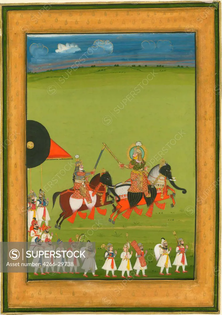Rajah and son on horses disguised as elephants, and suite of attendants by Indian Art   / Private Collection / c. 1810 / India, Mughal school / Gouache on paper / History /