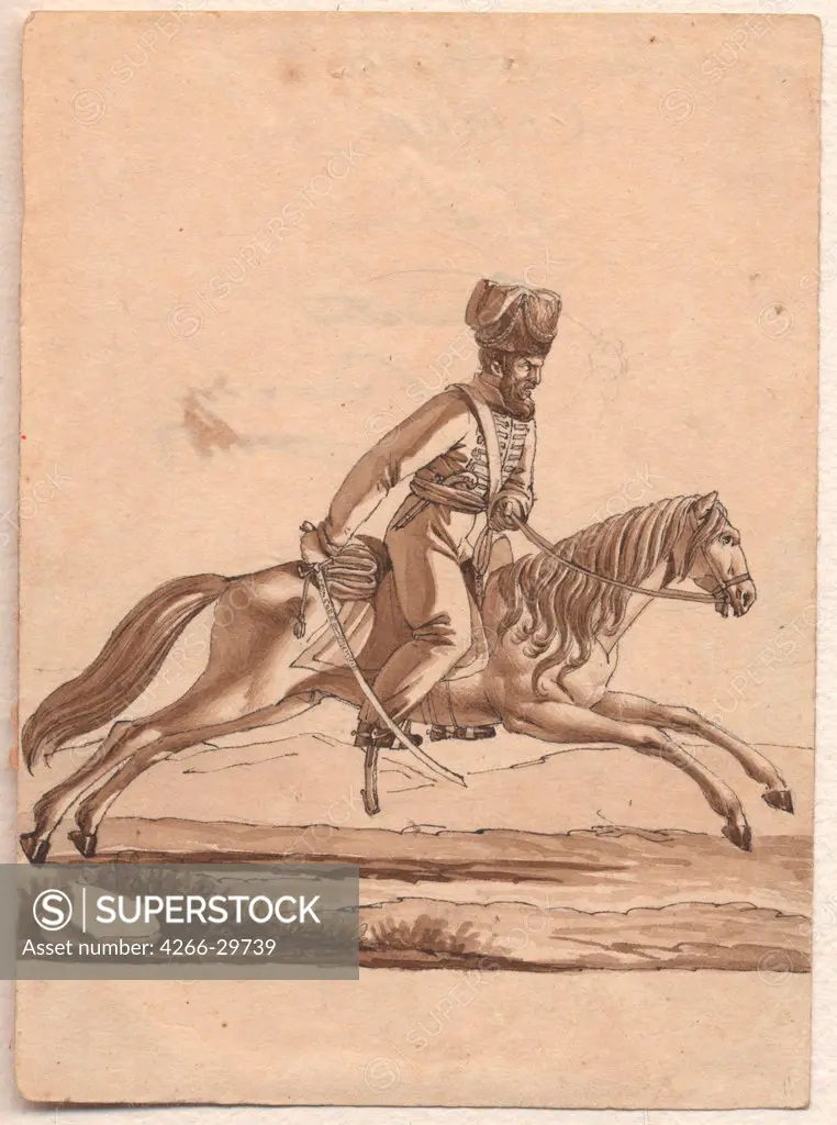 Ataman of Cossacks by Anonymous   / Private Collection / 1818 / Germany / Sepia on paper / Portrait,History / 11,4x8,2