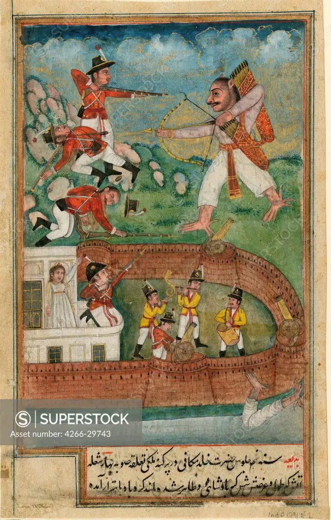 Indian demons attacking fort defended by european troops by Indian Art   / Private Collection / c. 1790 / India, Mughal school / Watercolour on paper / History / 24x15,3