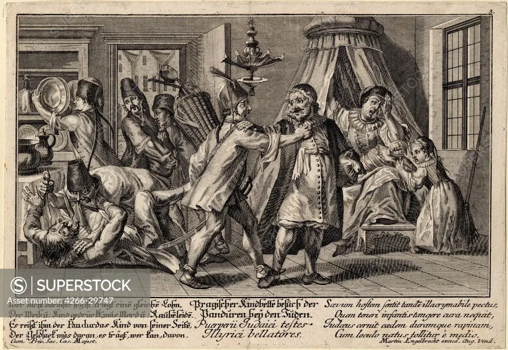 The Pandurs visiting the Jews by Englebrecht, Martin (1684-1756) / Private Collection / ca 1756 / Germany / Copper engraving / Genre,History / 21,3x30,9