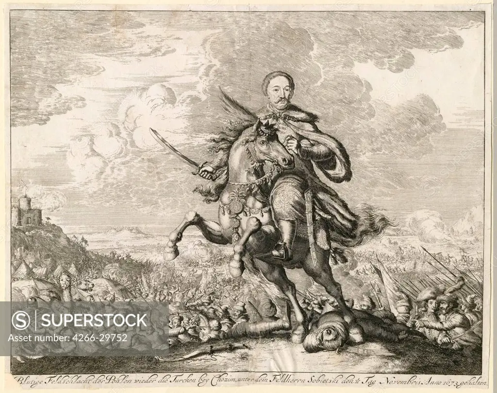 King John III Sobieski at the Battle of Khotyn on 11 November 1673 by Anonymous   / Private Collection / 1673 / Austria / Copper engraving / History / 27x34