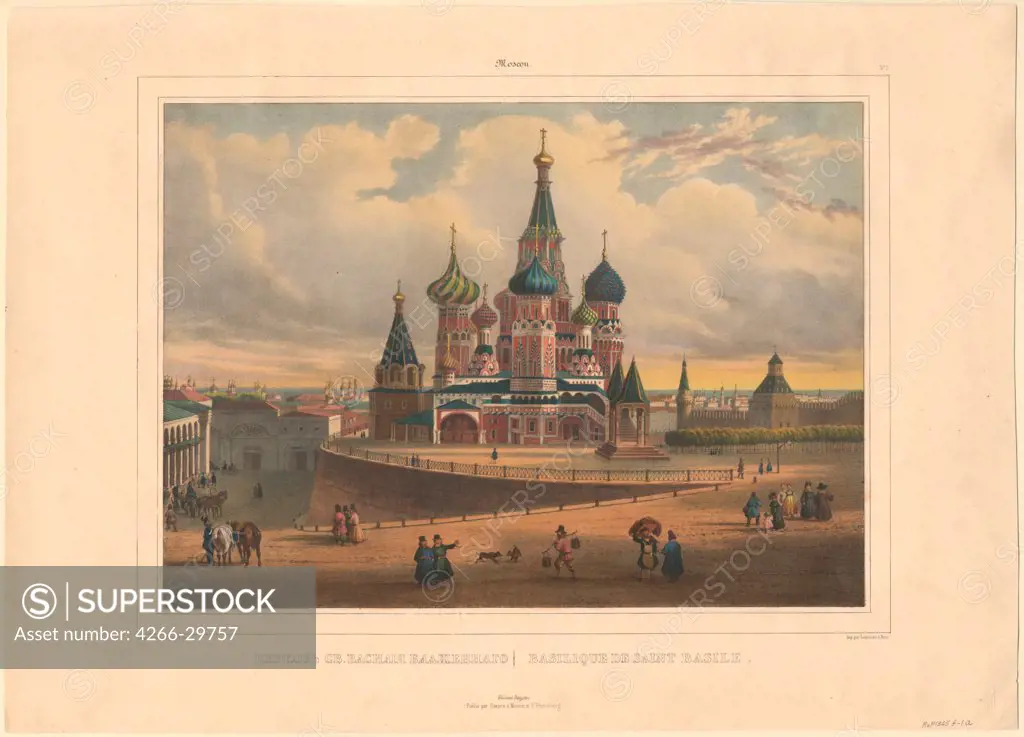 The Basil Cathedral in Moscow by Bichebois, Louis-Pierre-Alphonse (1801-1850) / Private Collection / 1845 / France / Colour lithograph / Architecture, Interior,Landscape / 35,5x49,5